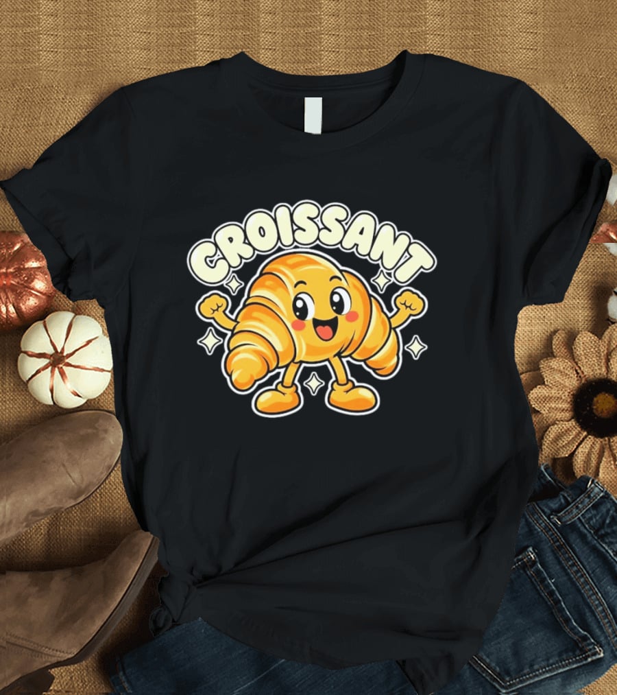 Croissant Happy Pastry Food Cartoon T-Shirt