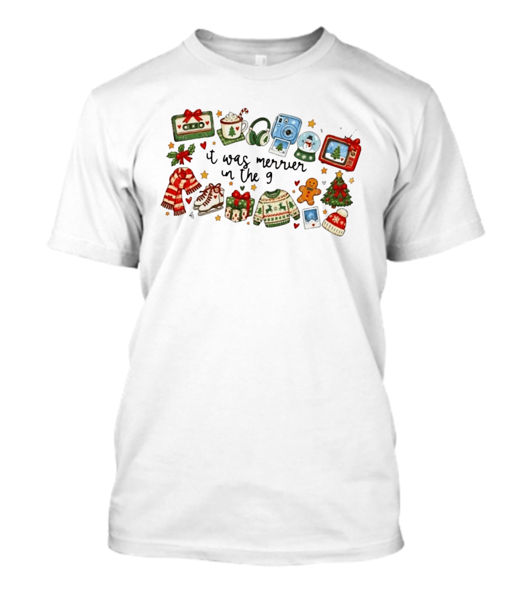 It Was Merrier In The 90s Christmas Nostalgia Cassette Hot Cocoa Skates Gingerbread Instant Camera T-Shirt