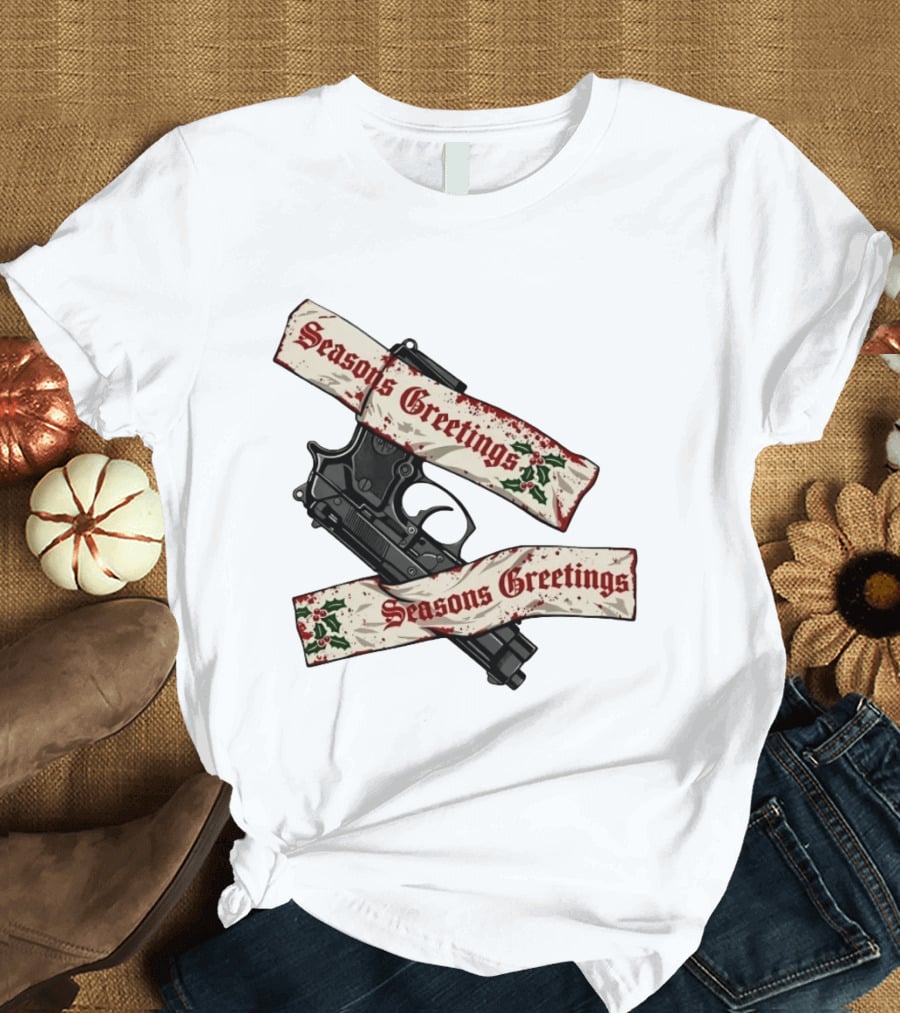 Seasons Greetings Handgun Holiday Pistol Merry Christmas T-Shirt