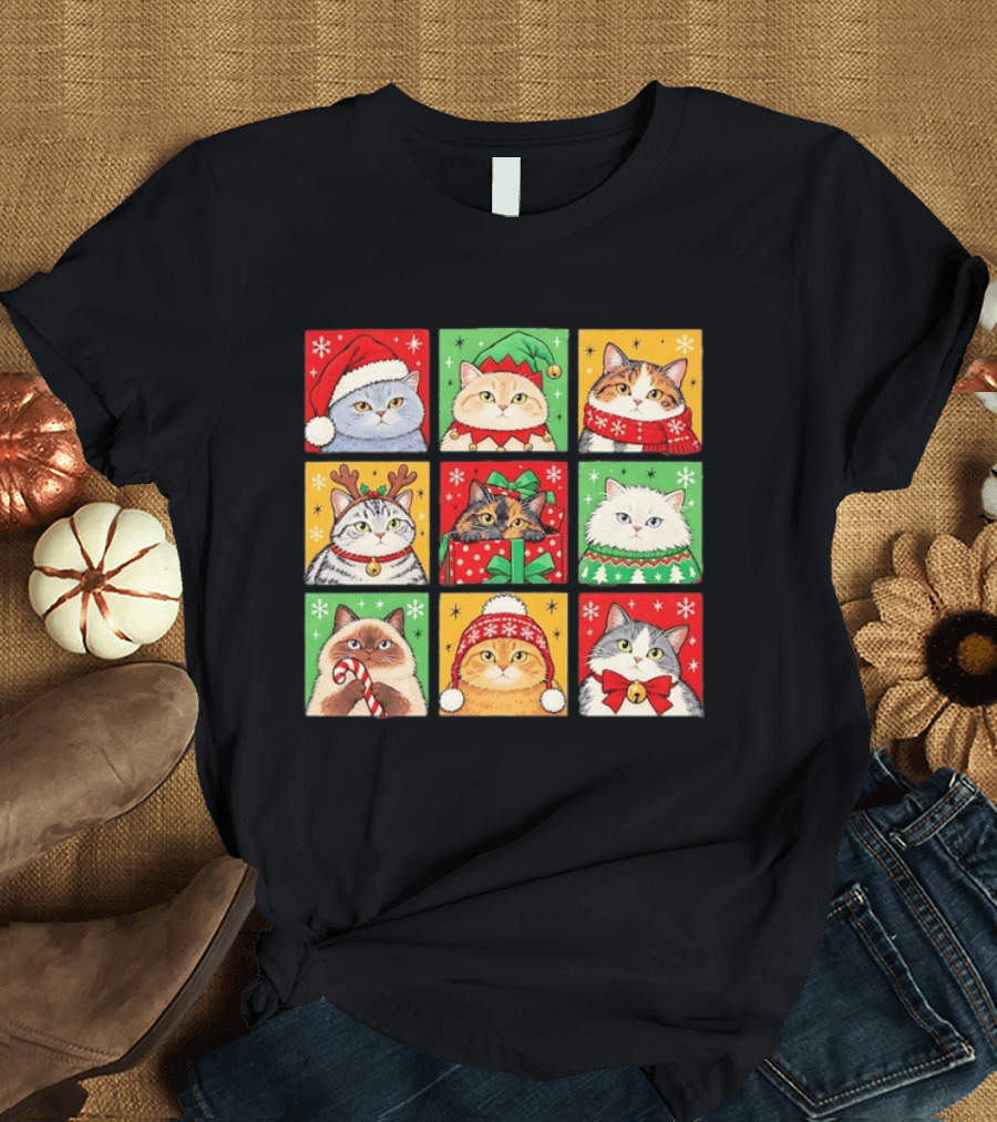 Cats In Christmas Costumes Festive Holiday Kittens Santa Hats And Gifts T-Shirt