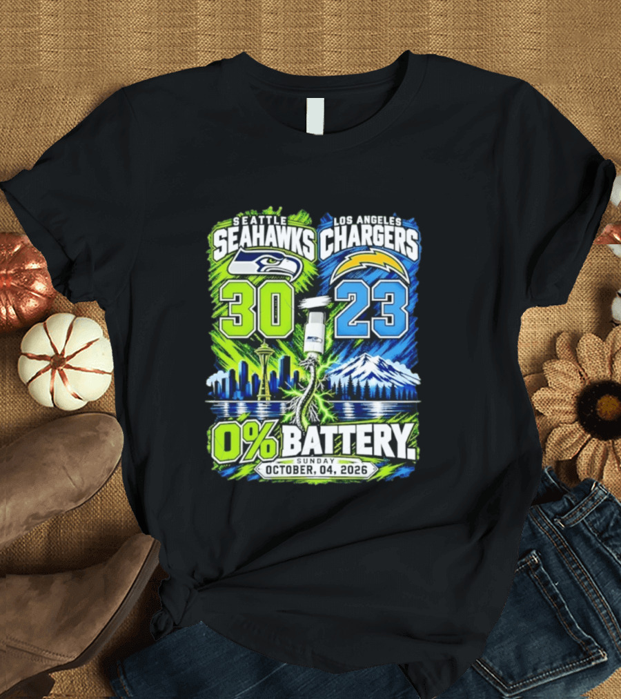 Seattle Seahawks Vs Los Angeles Chargers 30 23 Game 0% Battery October 4 2026 T-Shirt