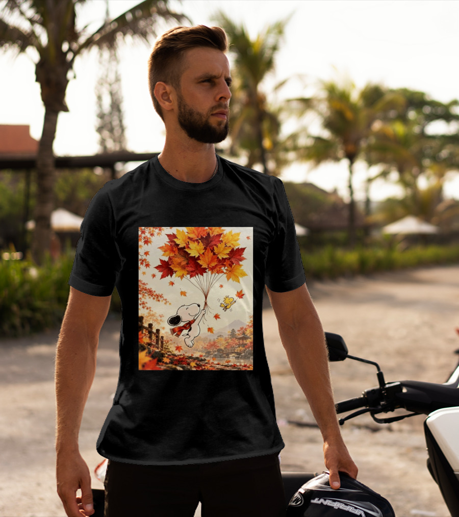 Snoopy And Woodstock Autumn Leaves Floating Scene With Tree And Bridge T-Shirt