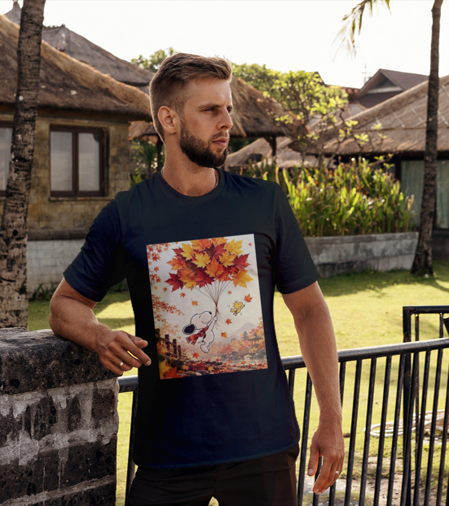 Snoopy And Woodstock Autumn Leaves Floating Scene With Tree And Bridge T-Shirt
