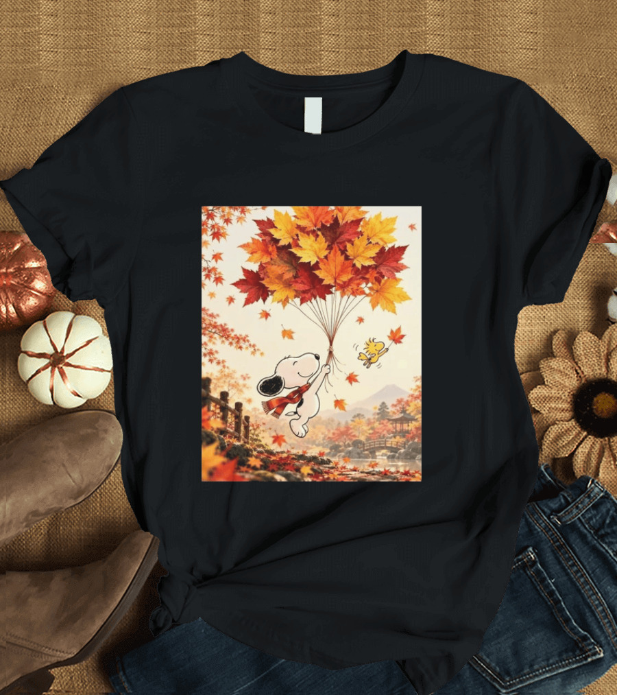 Snoopy And Woodstock Autumn Leaves Floating Scene With Tree And Bridge T-Shirt