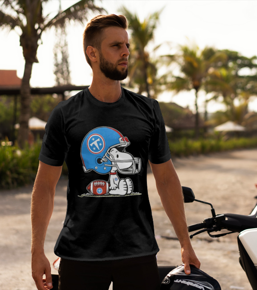 Snoopy Wearing Tennessee Titans Football Helmet Sitting With Football T-Shirt