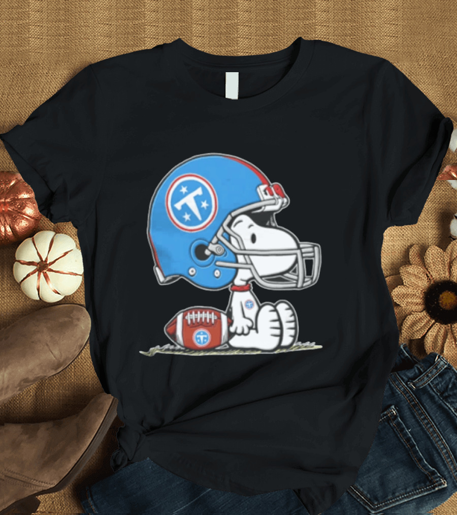 Snoopy Wearing Tennessee Titans Football Helmet Sitting With Football T-Shirt