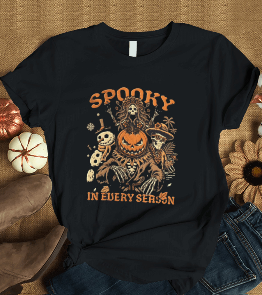 Spooky Pumpkin Head Scarecrow Skeleton Snowman In Every Season T-Shirt