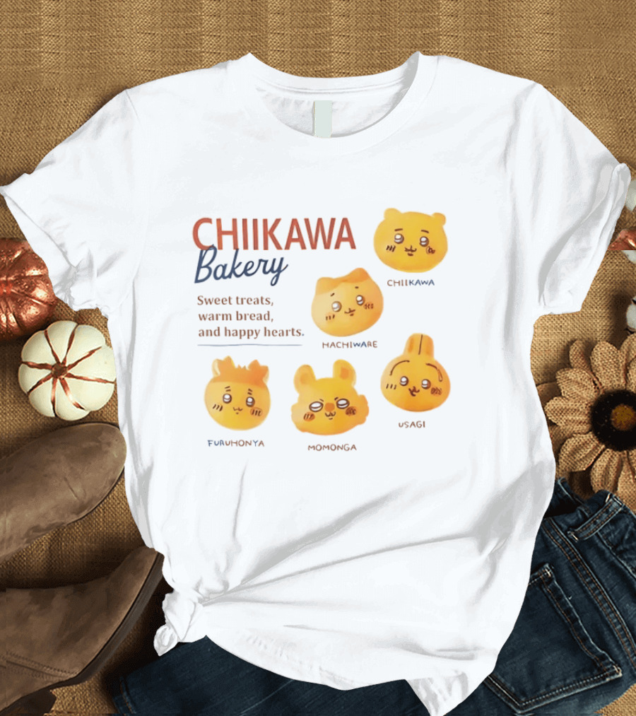 Chiikawa Bakery Sweet Treats Warm Bread Happy Hearts With Chiikawa Hachiware Furuhonya Momonga Usagi T-Shirt