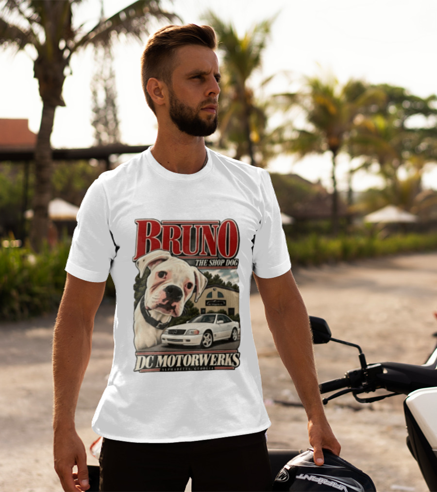 BRUNO THE SHOP DOG DC Motorwerks Alpharetta Georgia Boxer Dog White Car Building T-Shirt