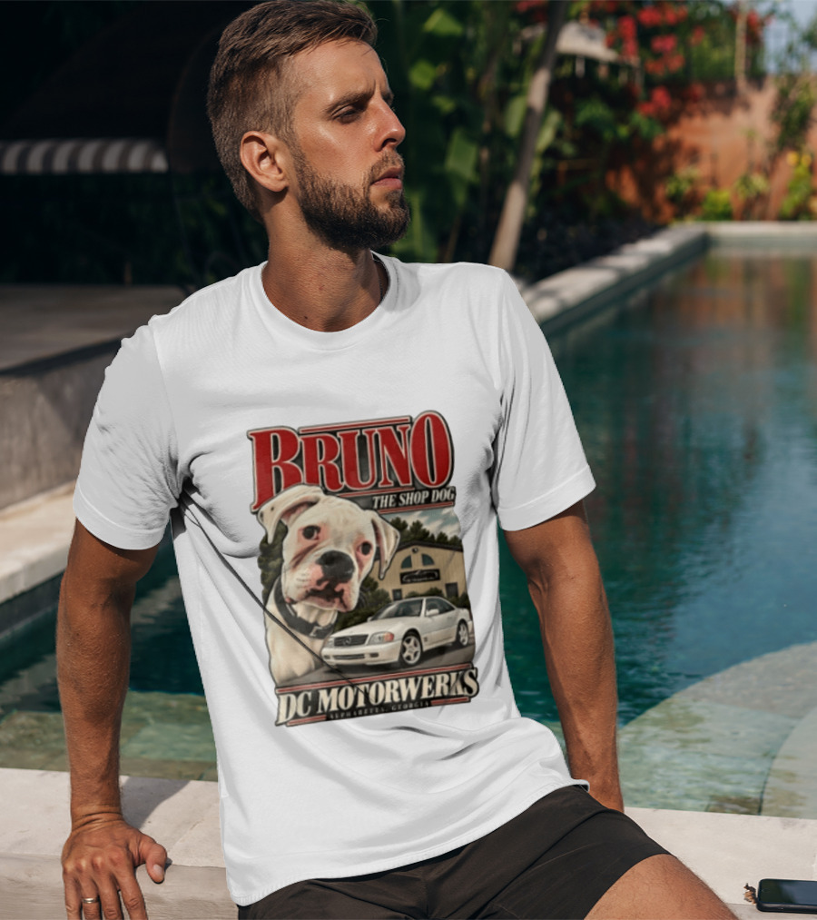 BRUNO THE SHOP DOG DC Motorwerks Alpharetta Georgia Boxer Dog White Car Building T-Shirt
