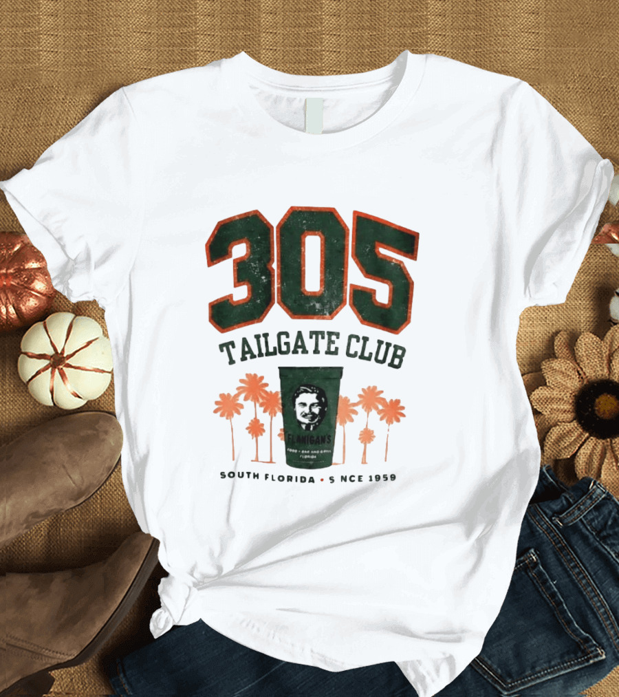 Flanigans 305 Tailgate Club South Florida Since 1959 Green Cup Palm Trees T-Shirt