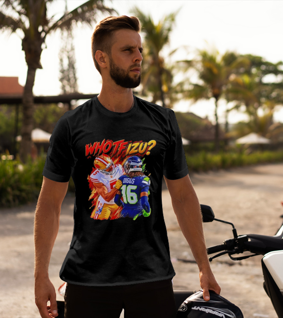 Who TF Izu Diggs 16 Intrepid Football Bootleg NFL Rivalry Red Blue 49ers Seahawks T-Shirt