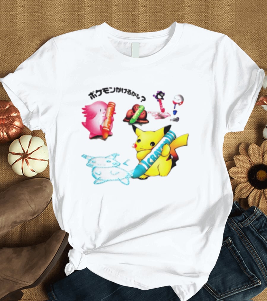 Pikachu Crayon Drawing Pokémon Characters Cartoon Art Japan T-Shirt
