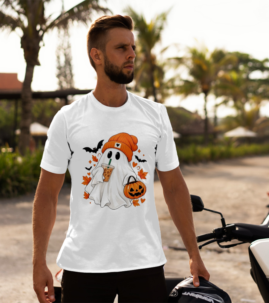 Ghost In Orange Beanie Holding Iced Coffee With Pumpkin Basket And Bat T-Shirt