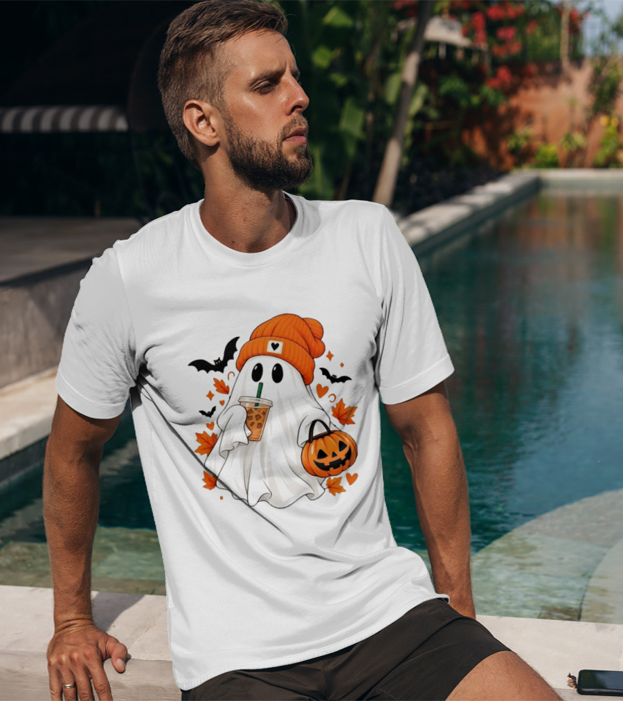 Ghost In Orange Beanie Holding Iced Coffee With Pumpkin Basket And Bat T-Shirt