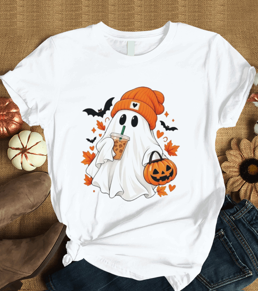 Ghost In Orange Beanie Holding Iced Coffee With Pumpkin Basket And Bat T-Shirt