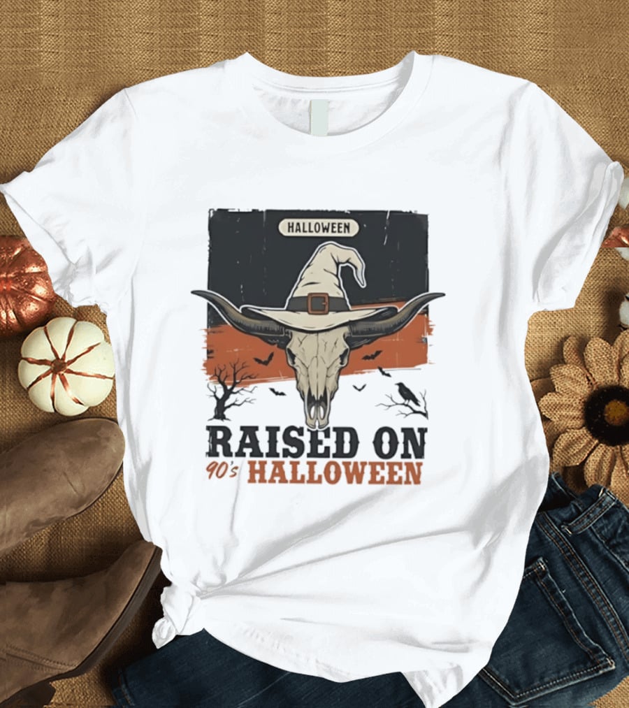 Raised On 90s Halloween Bull Skull With Witch Hat And Spooky Bats T-Shirt