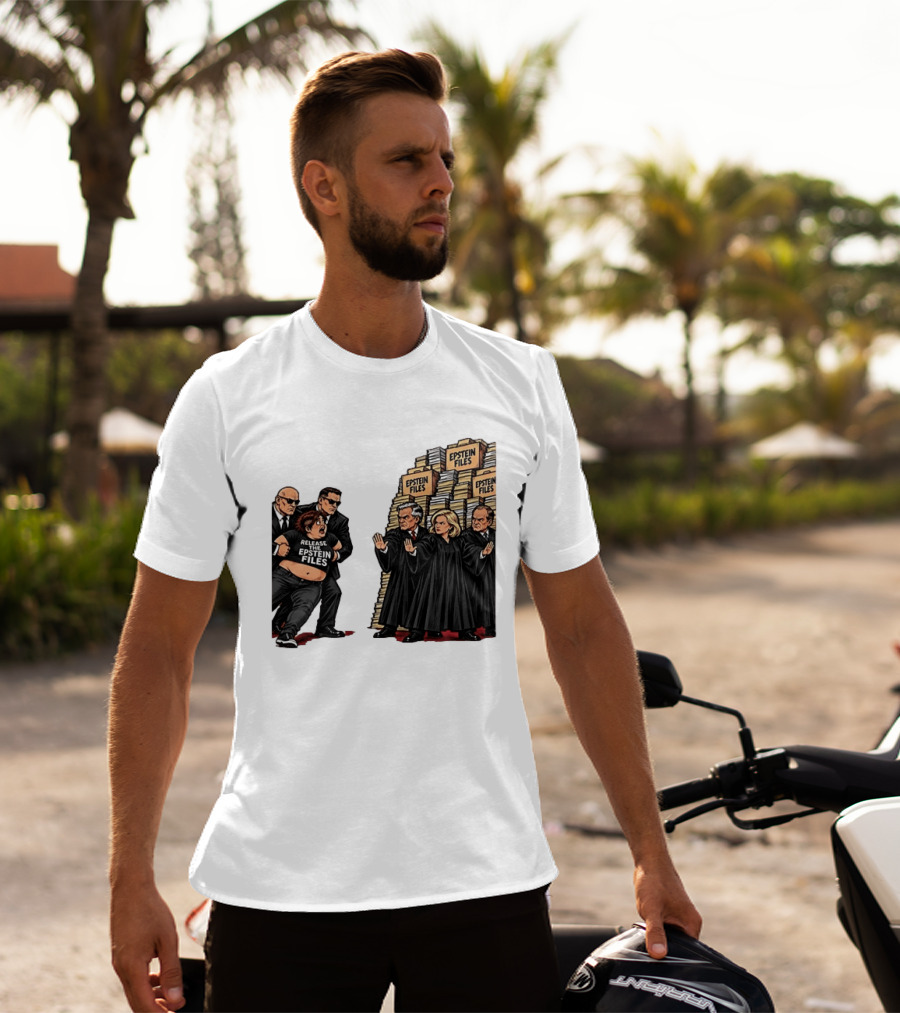 Release The Epstein Files Political Cartoon With Epstein Files Stacks And Judges T-Shirt