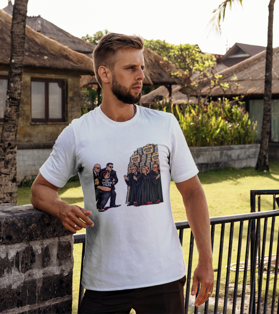 Release The Epstein Files Political Cartoon With Epstein Files Stacks And Judges T-Shirt