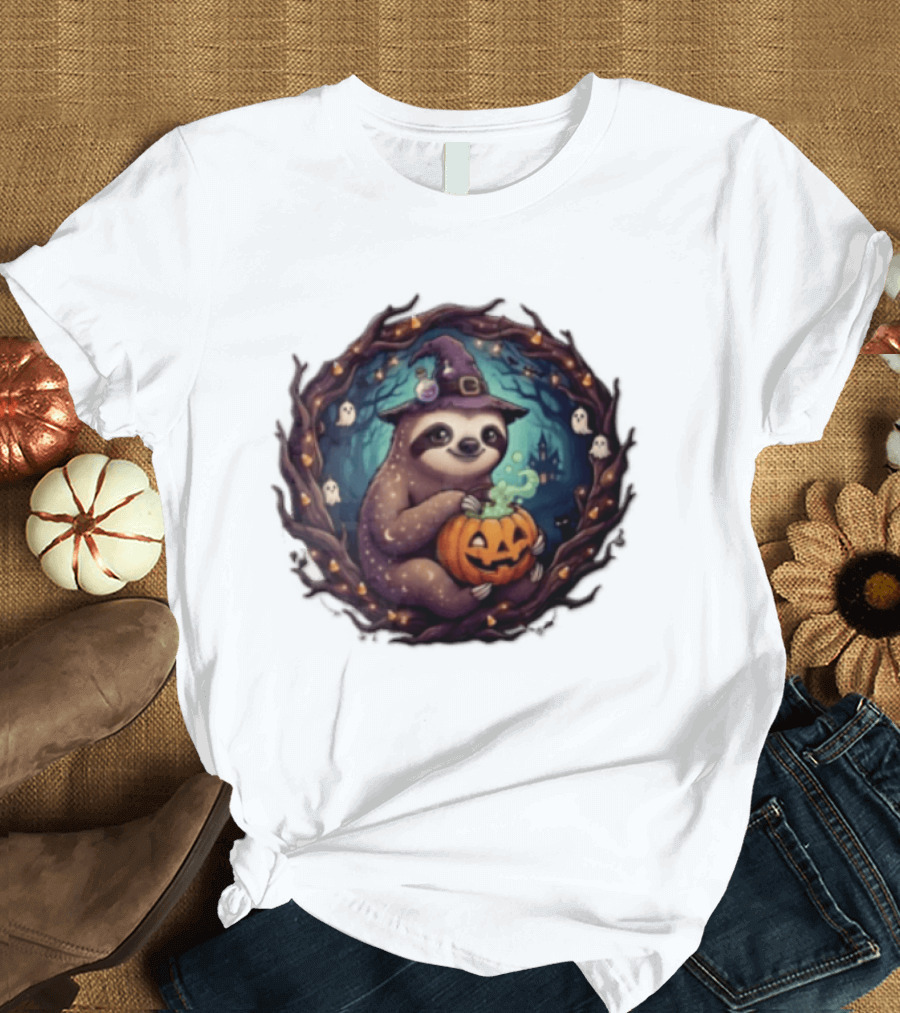 Halloween Sloth Witch Hat Pumpkin Cauldron Spooky Ghosts Forest Scene T-Shirt