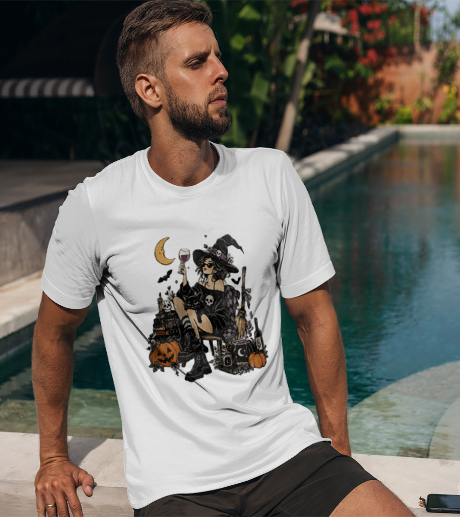 Halloween Witch Hat Sunglasses Wine Glass Black Cat Pumpkin Moon Skull Books T-Shirt