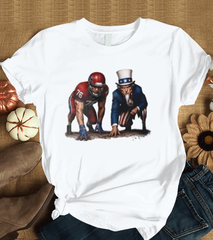 Uncle Sam And American Football Player Number 76 Crouching On Field T-Shirt