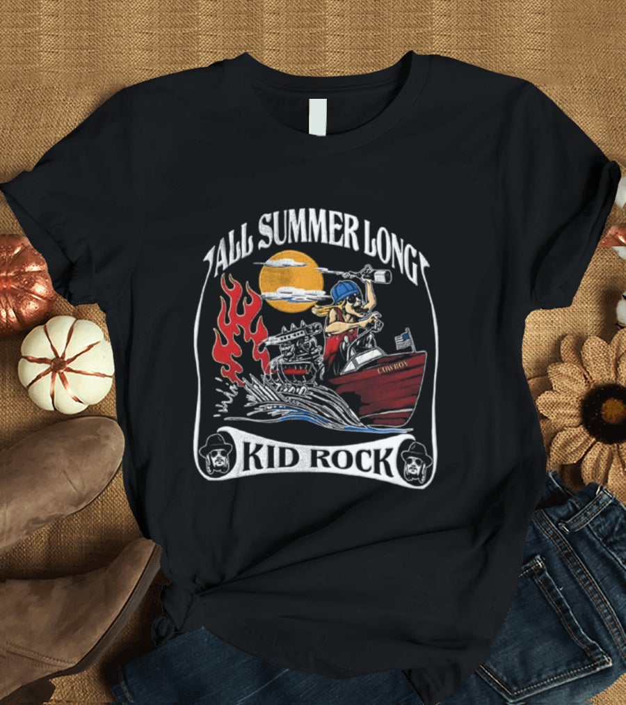 All Summer Long Kid Rock Cartoon Caricature Motorboat Cowboy Sunset Flames T-Shirt