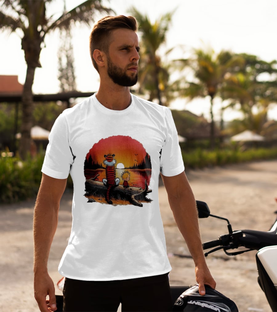 Calvin And Hobbes Log Sunset Lake Scene T-Shirt