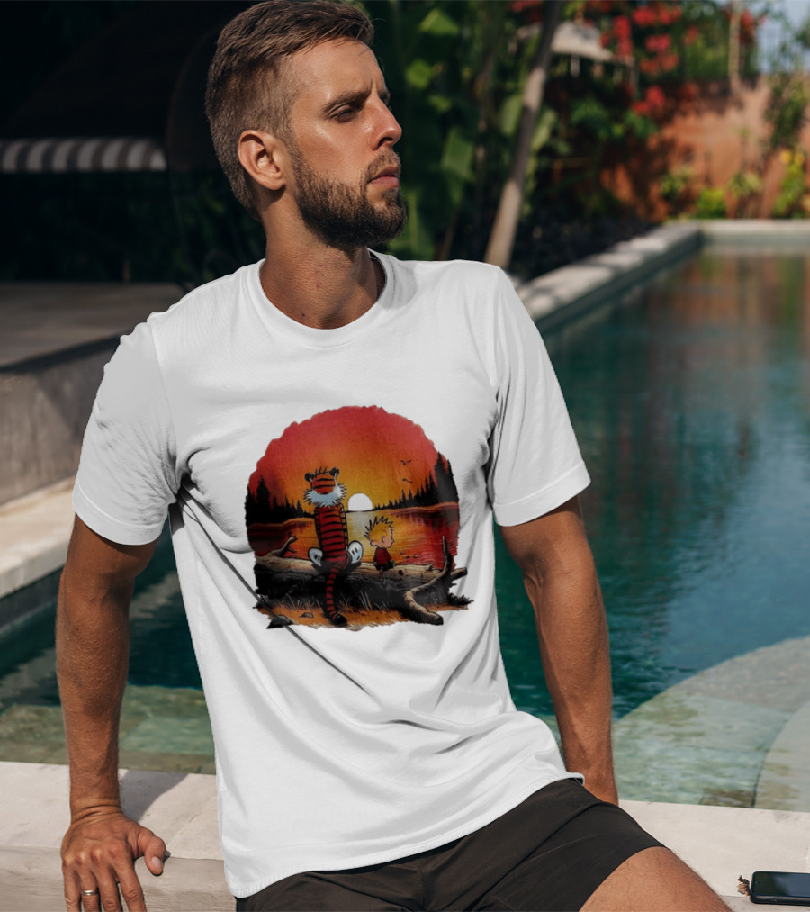 Calvin And Hobbes Log Sunset Lake Scene T-Shirt