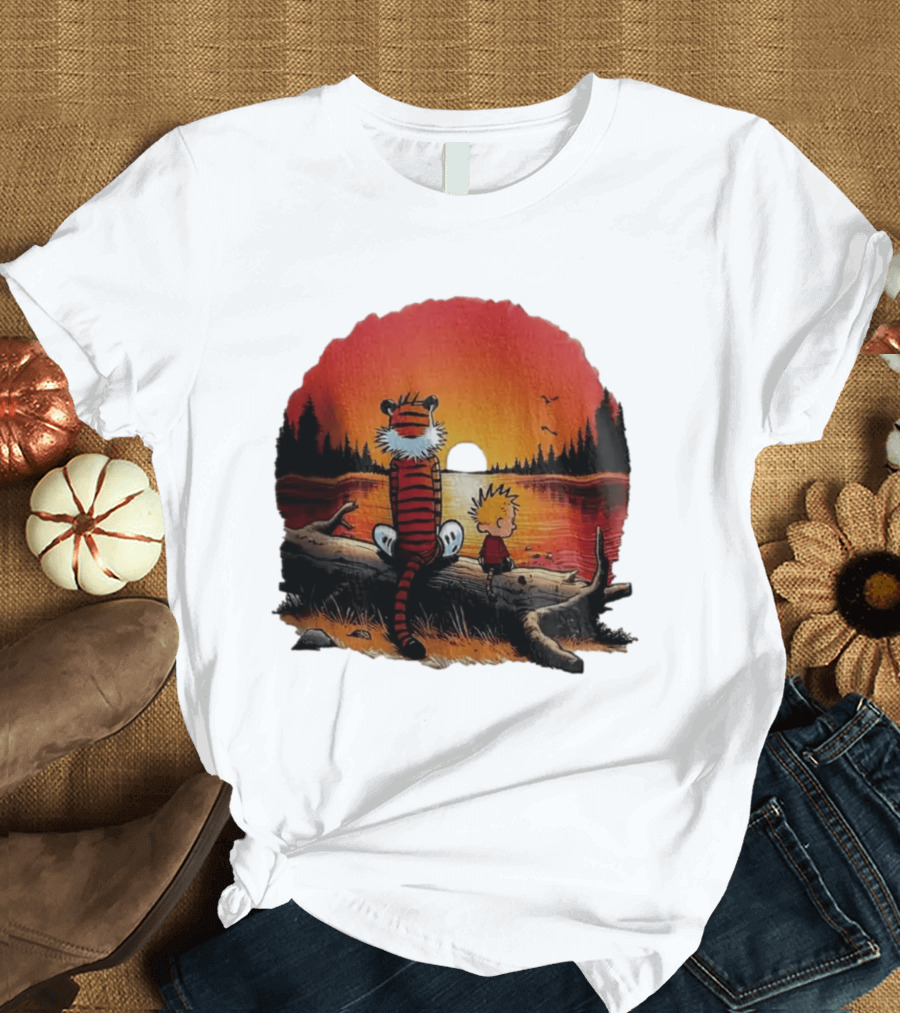Calvin And Hobbes Log Sunset Lake Scene T-Shirt