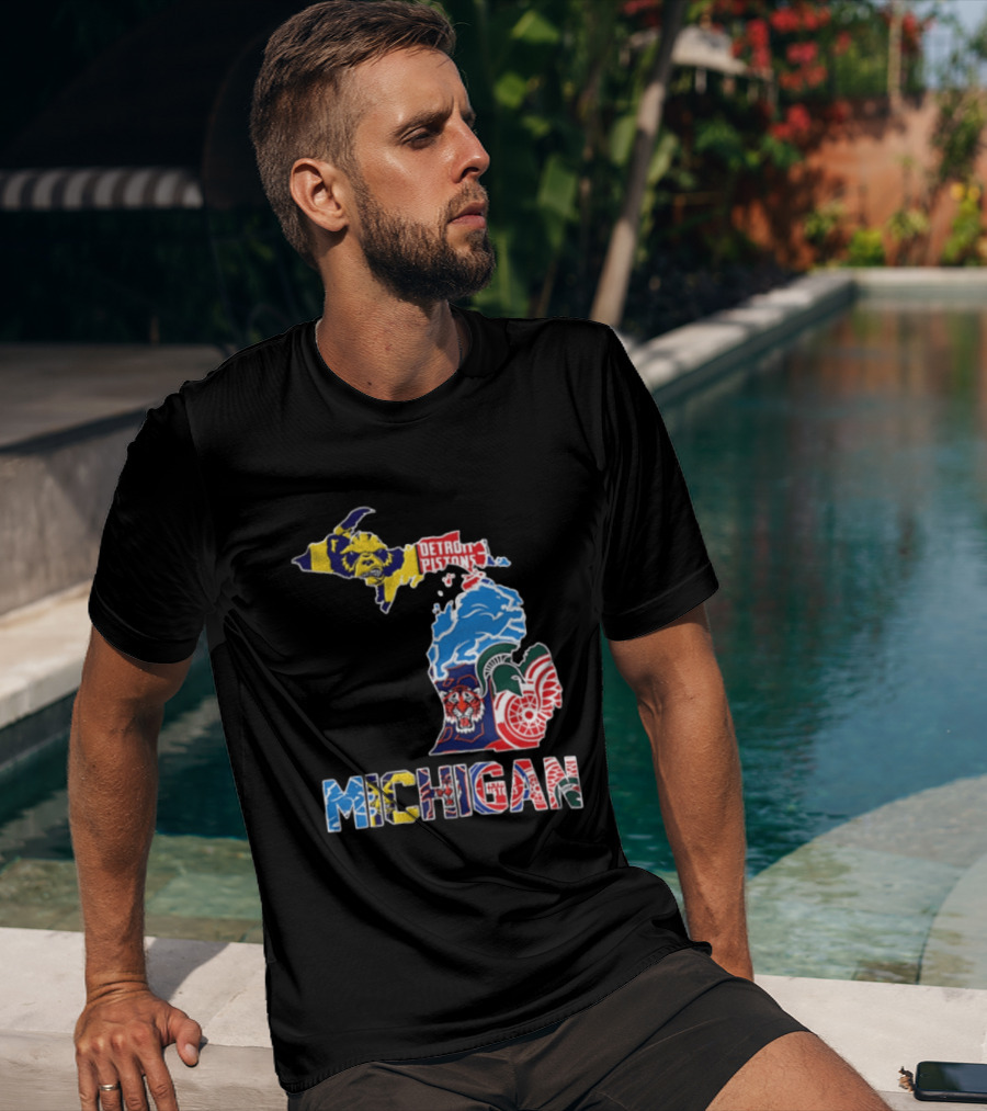 Detroit Pistons Lions Tigers Red Wings Michigan State Spartans Michigan Map T-Shirt