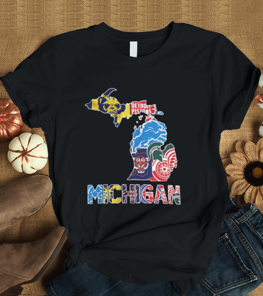 Detroit Pistons Lions Tigers Red Wings Michigan State Spartans Michigan Map T-Shirt
