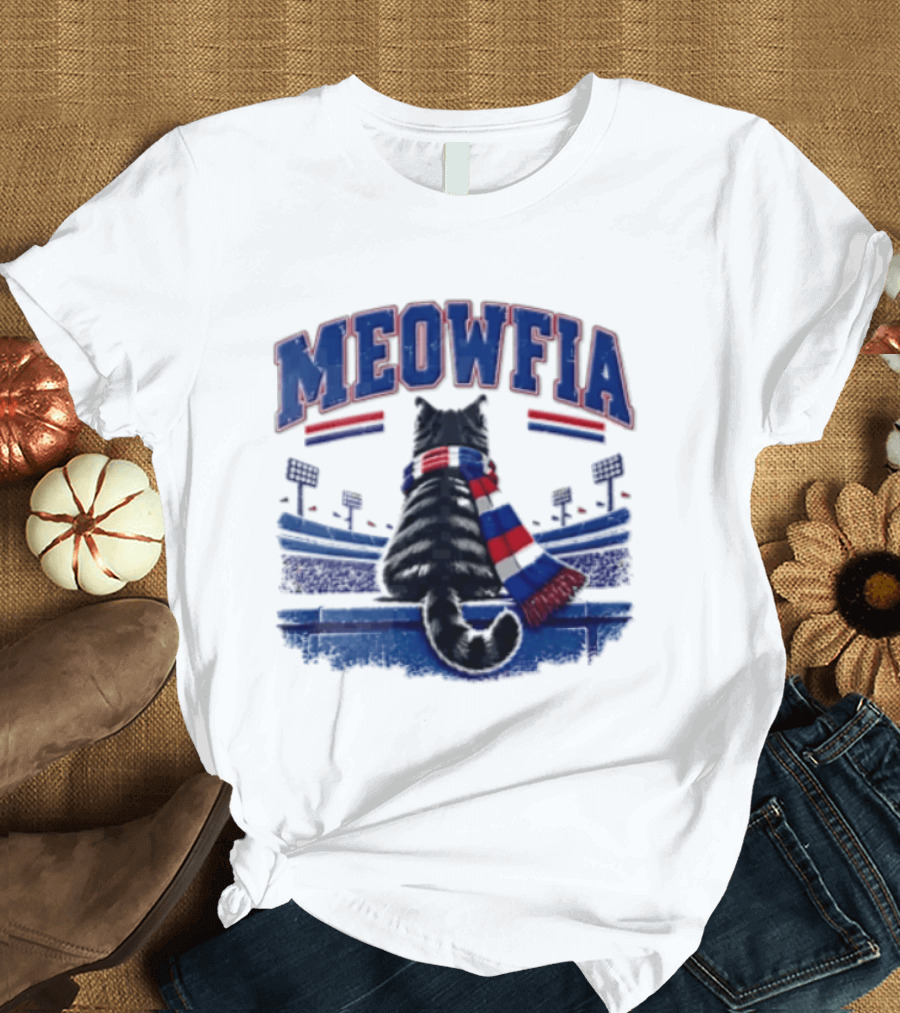 Meowfia Tabby Cat Sporting Colorful Scarf In Stadium Setting T-Shirt