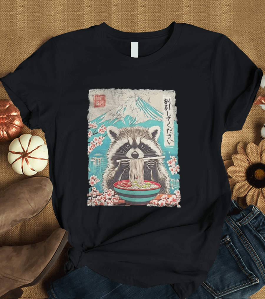 Raccoon Eating Ramen With Mount Fuji Japanese Cherry Blossoms T-Shirt