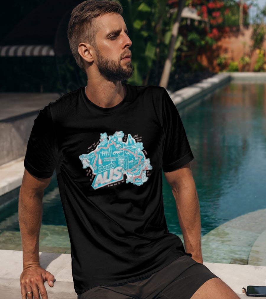 Route Aus Australia Map Animals Travel Icons Brisbane Sydney Melbourne Canberra T-Shirt