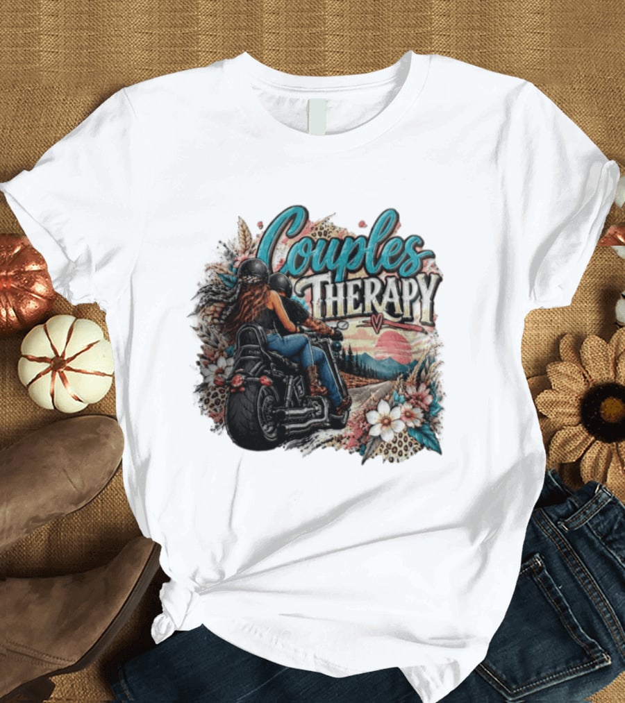 Couples Therapy Motorcycle Sunset Flowers Adventure T-Shirt