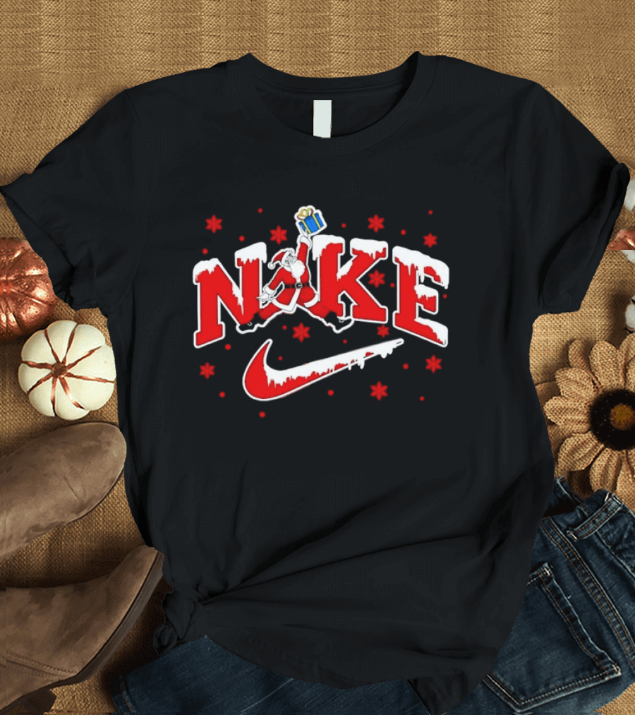 Santa Claus Christmas Jump Holiday Nike Snowflakes T-Shirt