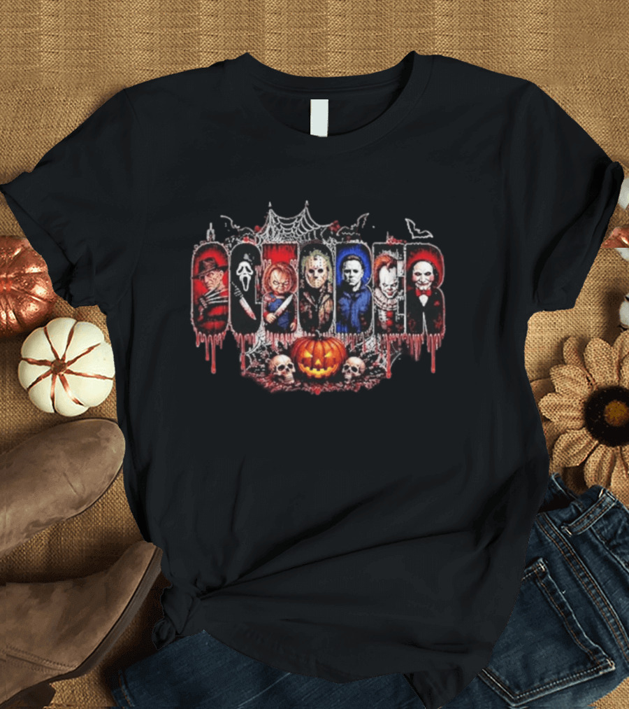October Slashers Halloween Horror Characters Web Skulls Pumpkin T-Shirt