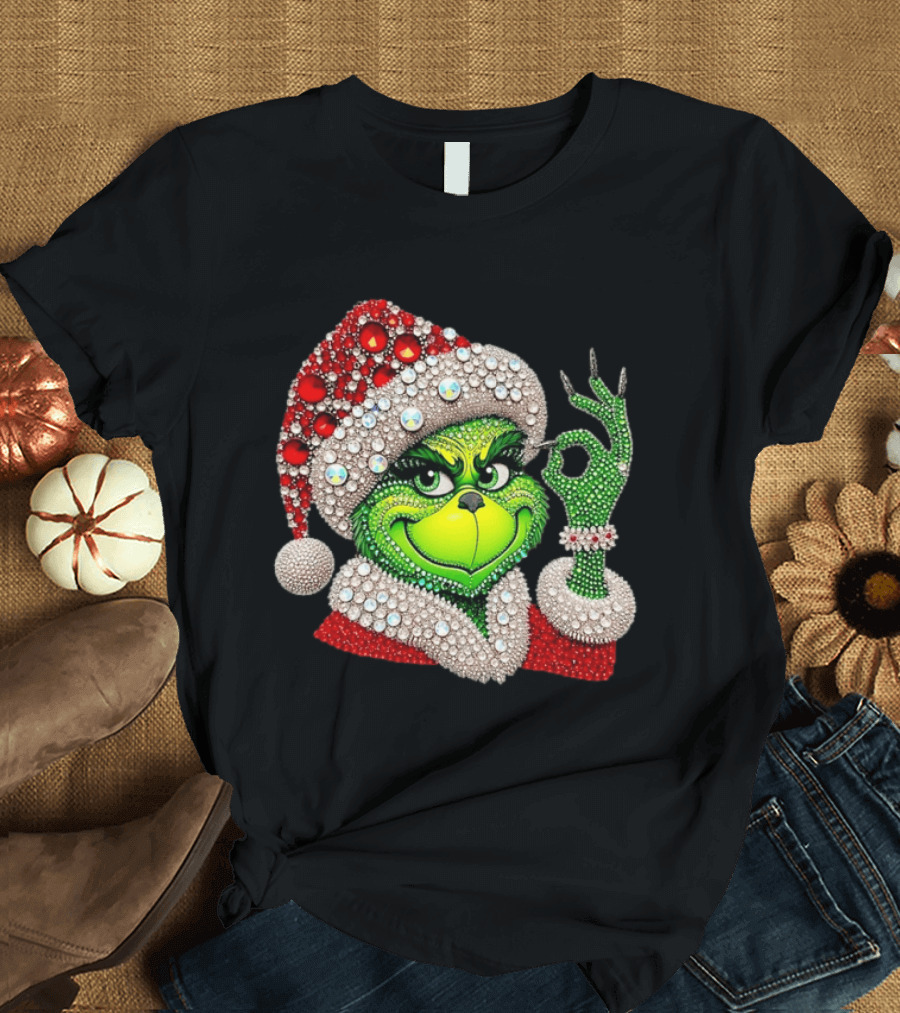 The Grinch Rhinestone Christmas Santa Hat Green Face With Jewels T-Shirt