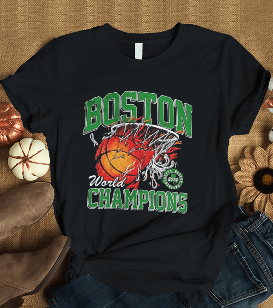 Boston Celtics World Champions 2024 Flaming Basketball T-Shirt