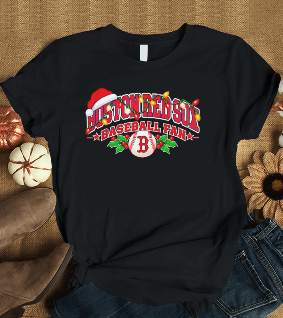 Boston Red Sox Baseball Fan Christmas Lights Santa Hat T-Shirt