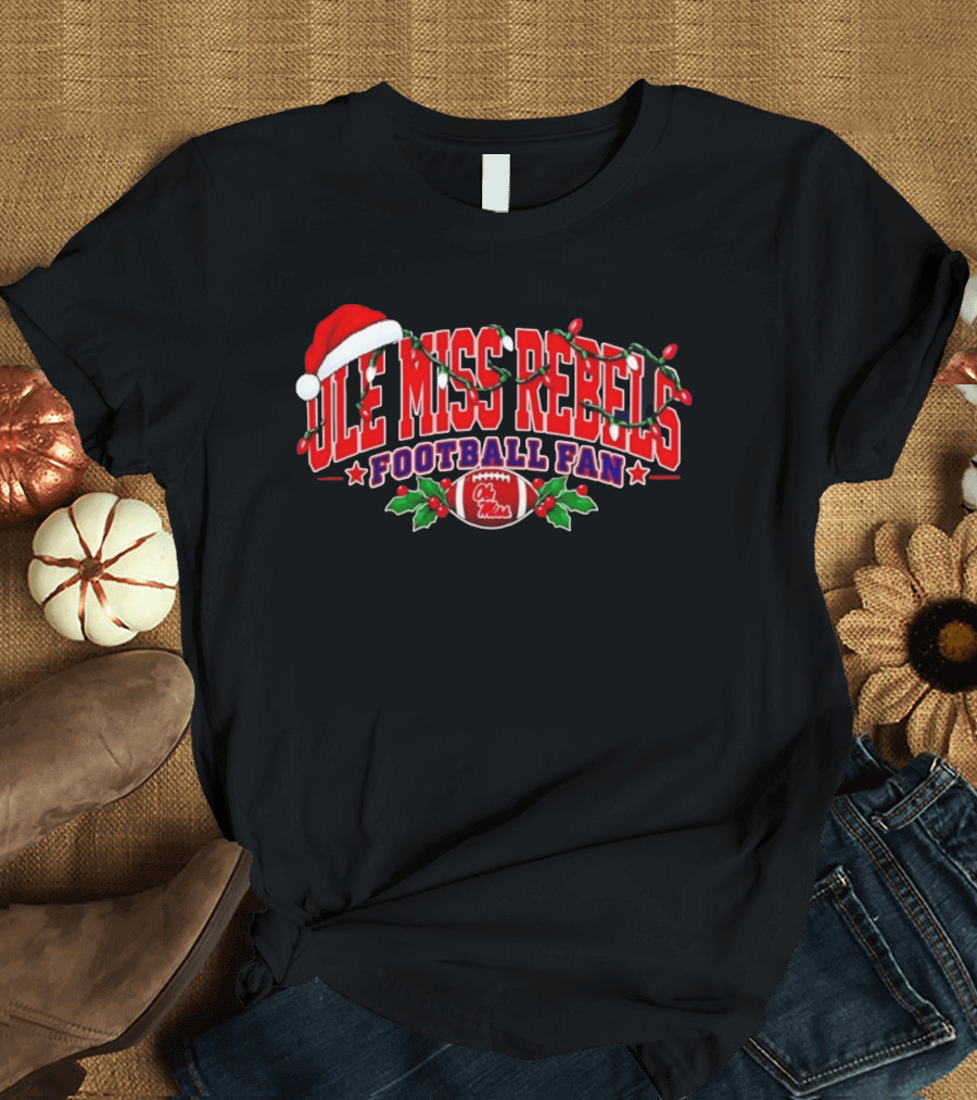 Ole Miss Rebels Football Fan Christmas Lights Santa Hat T-Shirt