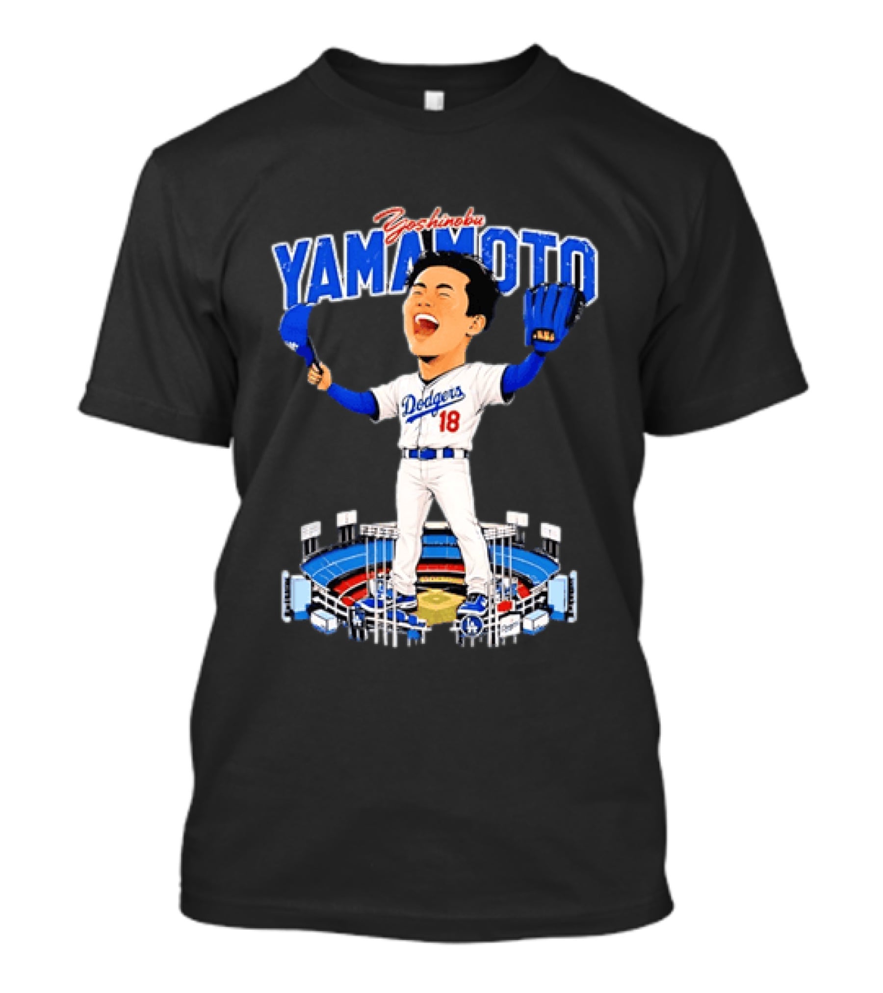 Yoshinobu Yamamoto Los Angeles Dodgers 18 Baseball Caricature Stadium T-Shirt