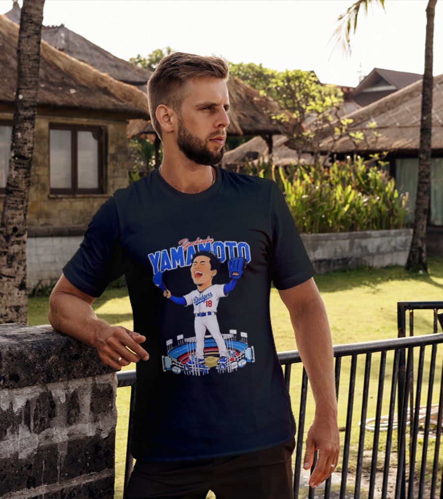 Yoshinobu Yamamoto Los Angeles Dodgers 18 Baseball Caricature Stadium T-Shirt