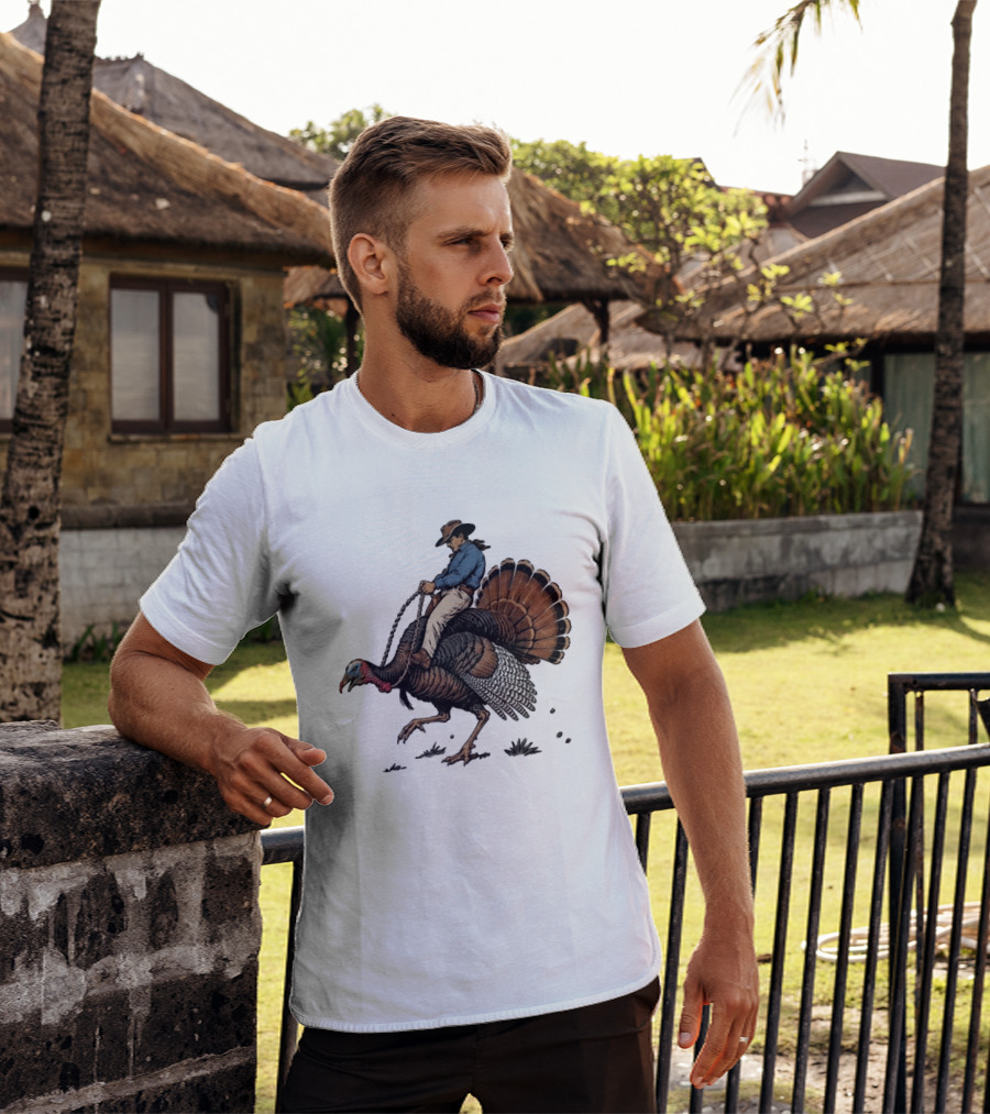 Cowboy Riding Turkey Thanksgiving Humor T-Shirt