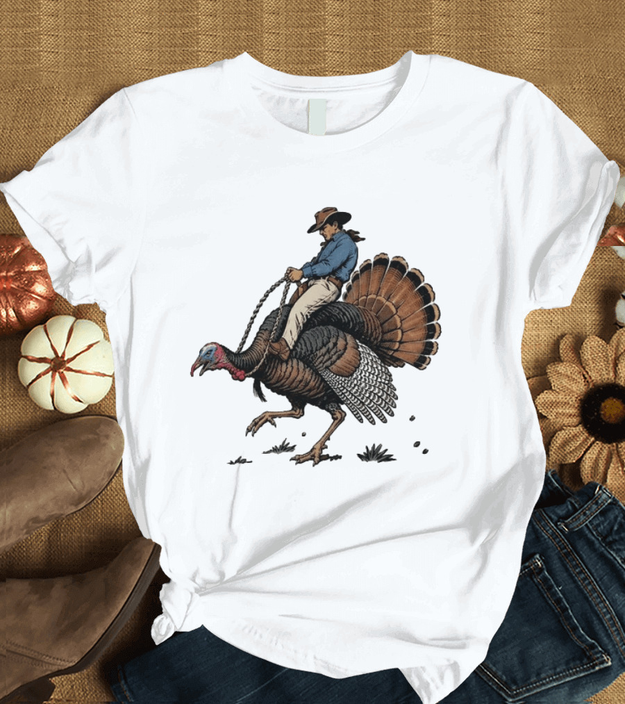 Cowboy Riding Turkey Thanksgiving Humor T-Shirt