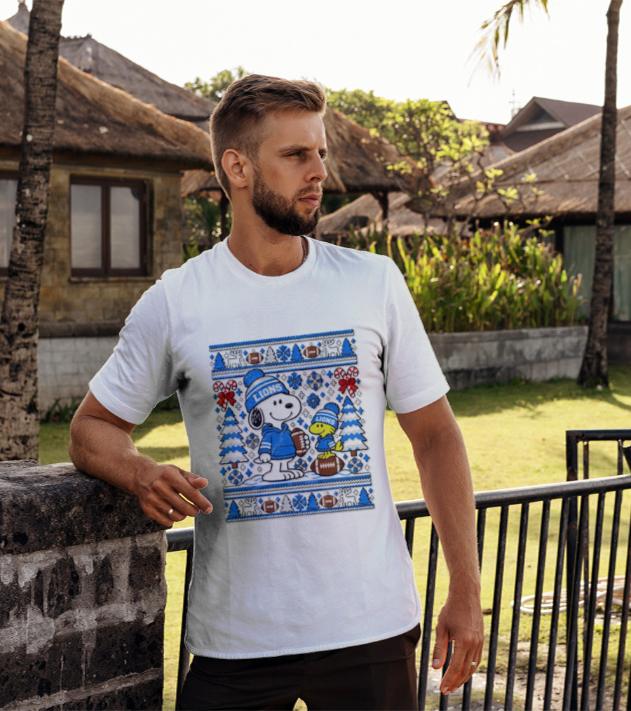 Detroit Lions Snoopy Woodstock Christmas Sweater Peanuts NFL Football Blue Holiday T-Shirt