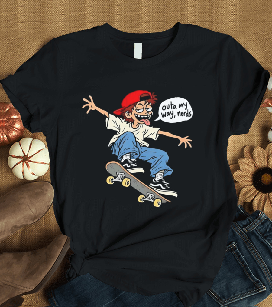 Outa My Way Nerds Skater Cartoon Tongue Out Red Cap Blue Pants White T-Shirt