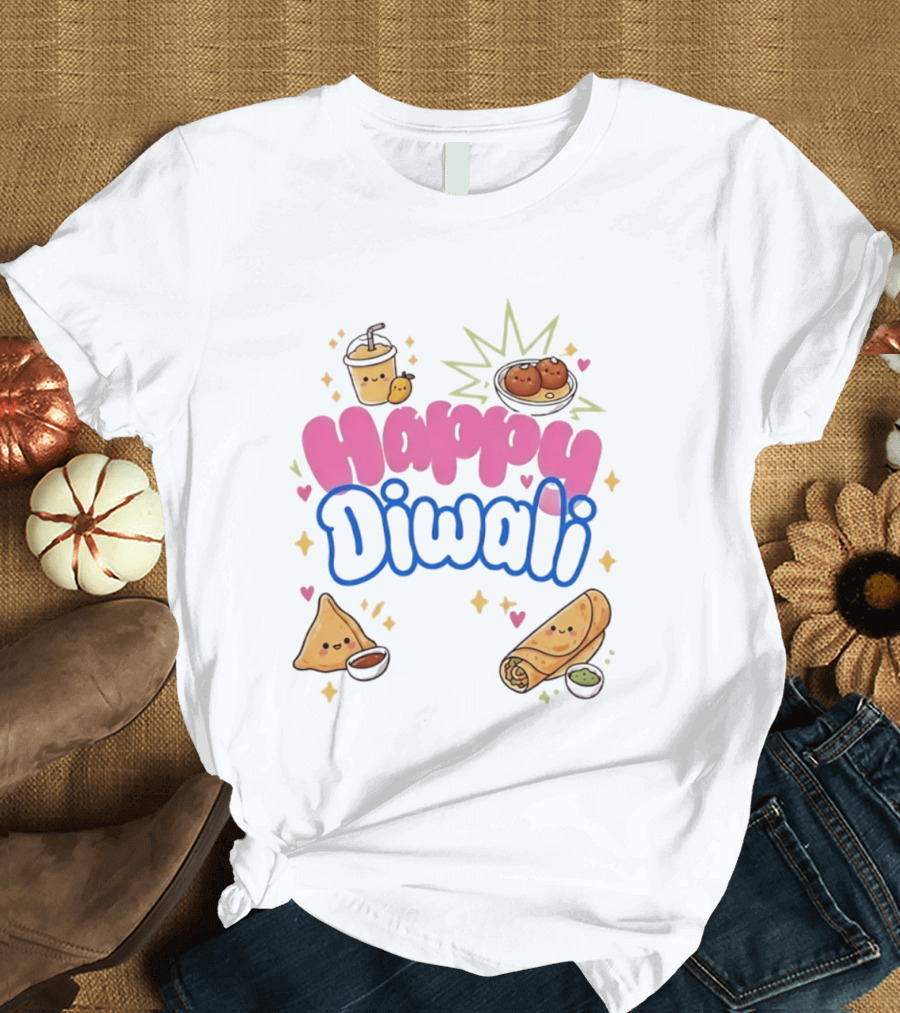 Happy Diwali Kawaii Food Festival Of Lights Celebration With Samosa And Gulab Jamun T-Shirt