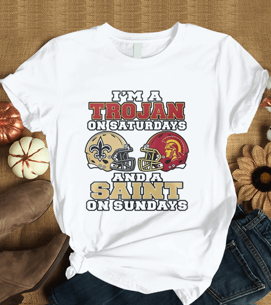 USC Trojans Saturdays New Orleans Saints Sundays Football Helmets T-Shirt